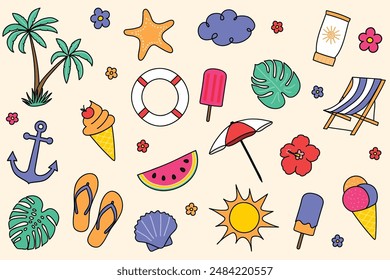 Cute summer icon set. Hand drawn elements. Vector illustration