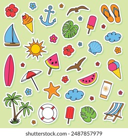 Cute summer icon set. Hand drawn stickers. Vector illustration