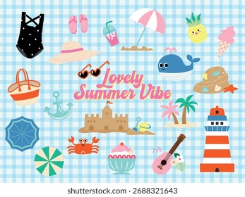 Ícones de verão bonitos e fundo quadriculado