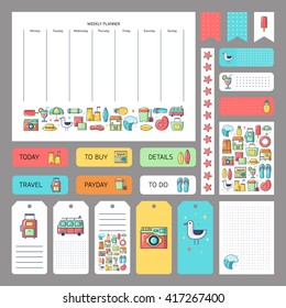 Cute summer icons and concept. Stickers, tags templates for organized planner. Template for planner, scrapbooking, wrapping, wedding invitation, notebooks, diary.