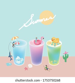 cute summer icons: food, drinks, bubble tea, cactus, Duckling, shark and flamingo. Bright summertime poster.