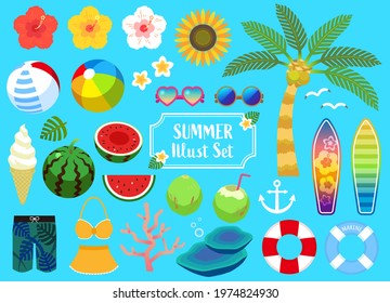 cute summer icons and illustration set