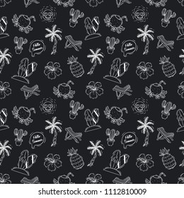 cute summer icons in seamless pattern with hand drawn style on blackboard background