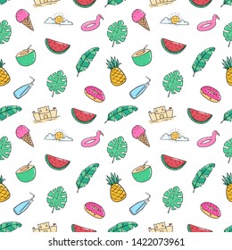 Cute Summer Icons in Seamless Pattern With Doodle Style on White Background