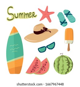 Cute summer icons set: food, surfboards, hat, glasses and more. Bright summer poster. Collection of scrapbooking elements for a beach party. Vector.