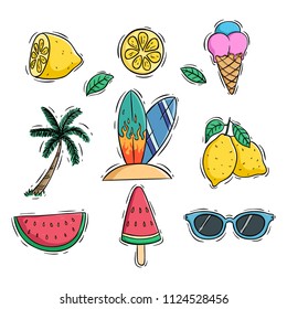 cute summer icons set with lemon watermelon and coconut tree using colored doodle style