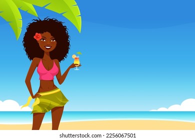 cute summer illustration of a beautiful black girl on the beach. Attractive woman smiling and enjoying a cocktail drink in tropical paradise.