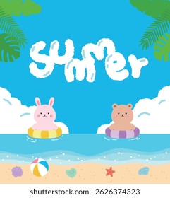 A cute summer illustration with a bunny and bear floating on inflatable rings in the sea. Beach scene with clouds with the word 'Summer' in them, seashells, starfish and tropical leaves.