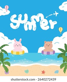 A cute summer illustration with a bunny and bear floating on inflatable rings in the sea. Beach scene with clouds with the word 'Summer' in them, seashells, starfish and tropical leaves.