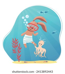 Cute summer illustration with bunny and octopus swimming in the sea. Snorkeling with mask as summer activity concept. Summer idea for posters, greeting cards, flyers, backgrounds. Vector illustration