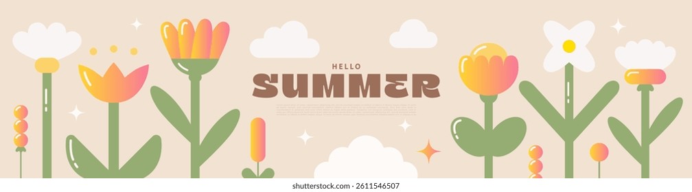 Cute summer illustration with colorful gradient flowers, green leaves, clouds, and text on a beige background. Modern trendy design. Perfect for seasonal designs, banner or greeting cards.