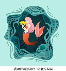 Cute summer illustration with mermaid and sea with 3D effect. Summer mermaid and sea poster. Vector illustration