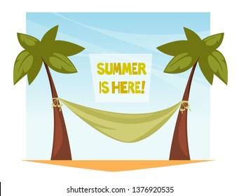 Cute summer illustration. Palm trees, hammock, beach. Vector cartoon illustration. Postcard.