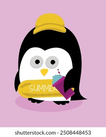 Cute Summer Illustration with Penguin and Swimming Pool Ballon, Hat, Cold Drink