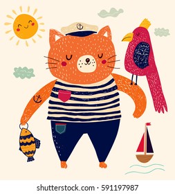 Cute summer illustration. Vector elegant childish illustration with cat-sailor in cute cartoon style.
