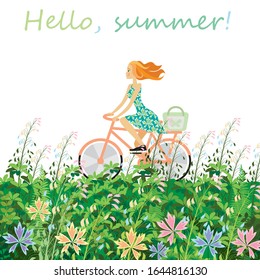 cute summer illustration - a young beautiful girl on a Bicycle rides through meadows and fields. lots of grass and wildflowers. the flat pattern. vector illustration. EPS 10.