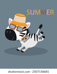 Cute Summer Illustration with Zebra and Sunglasses,Hat,Camera