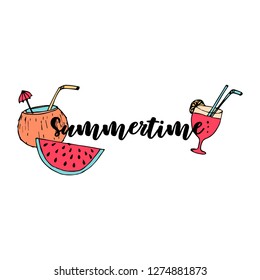 Cute summer illustrations with lettering. Vector. Hand-drawn style.