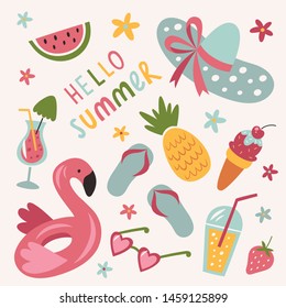 Cute summer illustrations. Set of drinks, fruits, accessories, ice cream and flowers.