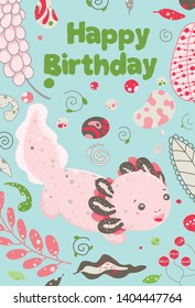 Cute summer Kawaii axolotl  baby amphibian drawing  Happy birthday greeting card and lizard  Flat style design  Ambystoma mexicanum