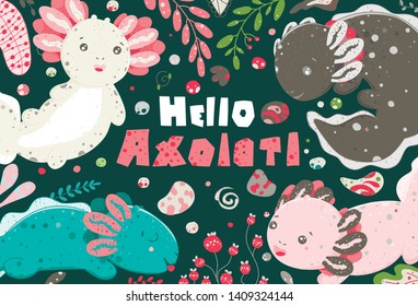 Cute summer Kawaii axolotl, baby amphibian drawing. Poster with funny lizards. Flat style design. Ambystoma mexicanum