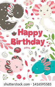 Cute summer Kawaii axolotl, baby amphibian drawing. Happy birthday greeting card with lizard. Flat style design. Ambystoma mexicanum