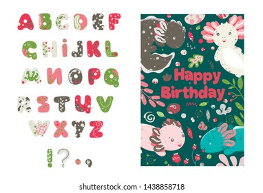 Cute summer Kawaii axolotl, baby amphibian drawing. Happy birthday greeting card with lizard. Flat style design. Ambystoma mexicanum