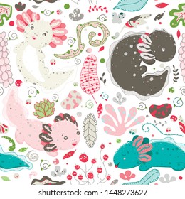 Cute summer Kawaii axolotl, baby amphibian drawing. Cute animal drawing, funny cartoon illustration. Floral seamless pattern with elements of flora, leaves, twigs, berries, stones