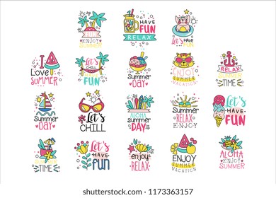 Cute summer labels set, enjoy summer vacation hand drawn colorful vector Illustrations