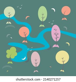 Un bonito paisaje veraniego. Árboles y ríos de colores vivos. Formas simples. Ilustración vectorial. 