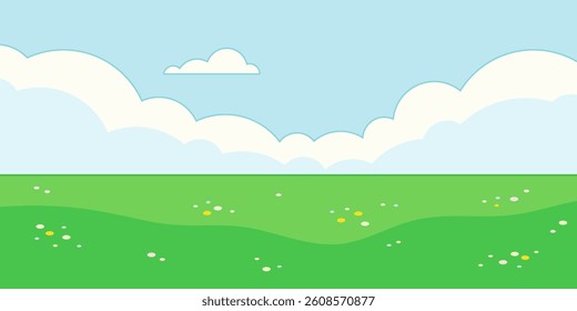Cute summer landscape. Green flat scenery with cloud sky, meadow and flowers. Empty nature scene with greenery