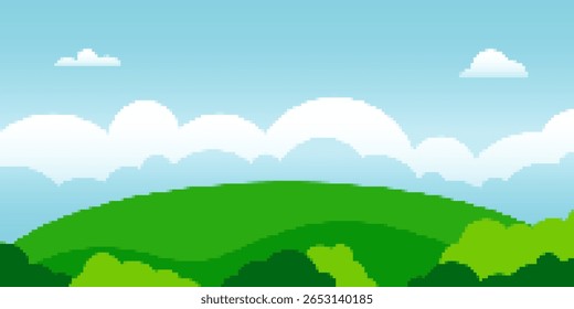 Cute summer landscape in pixel art style. Green flat scenery with cloud sky, meadow and flowers. 
