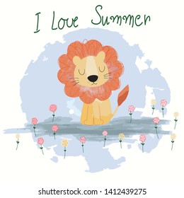 Cute summer lion cartoon in flower garden,illustration vector by freehand doodle comic art