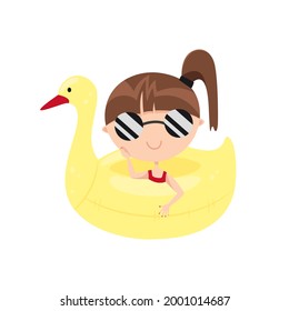 Cute summer mascot character. Little kawaii girl bathes in the sea with a swim ring. Fun children's games in the water. Funny lifebuoy in the shape of a yellow duck. Rest on beach. Holiday vacation