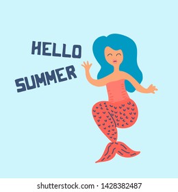 Cute summer mermaid scandinavian drawing with text for poster and t-shrit. Baby and children fashion greeting design.