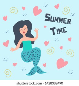 Cute summer mermaid scandinavian drawing with text for poster and t-shrit. Baby and children fashion greeting design.