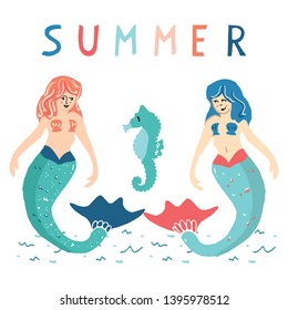 Cute summer mermaids with seahorse cartoon vector illustration motif set. Hand drawn isolated marine mythology elements clipart for nautical blog, underwater graphic, girls web buttons.