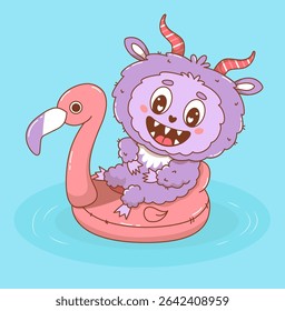 Cute Summer Monster floats on Inflatable pink flamingo. Beach Cartoon Funny kawaii character vacation. Vector illustration. Kids collection