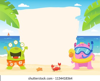 Cute Summer Monsters With Blank Paper