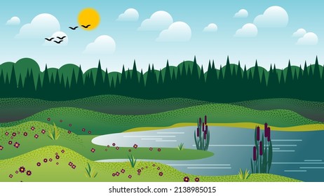 Cute summer natural landscape. Lake among the grassy shores with flowers against the background of fields, hills, forests, sky with sun, clouds, silhouettes of flying birds. Flat design. Vector. 