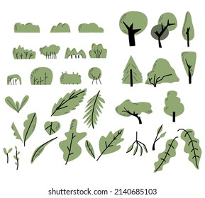 Cute summer nature set, isolated illustration of trees, leaves, fir trees, shrubs.  Elements of nature to create a landscape. Vector illustration.