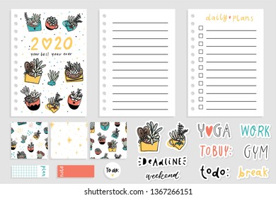 Cute summer notebook design with succulent and cacti. Daily Planner Template. Organizer and Schedule with Notes and To Do List. Vector. Isolated. Trendy Concept. 