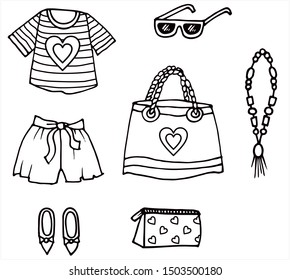 Cute summer outfit with accessories. Black and white vector for coloring. For card or gift.