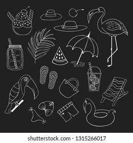 Cute summer outline objects collection. Cocktail, tropical palm leaf and flamingo. Beach party vector elements.