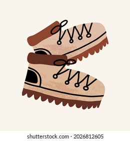 Cute summer pastime banner, outdoors sport card design. Pair of hiking, tourist or track boots. Cartoon vector isolated illustration.