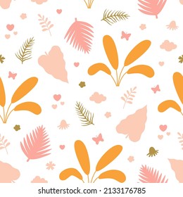 Cute summer pattern with abstract tropical leaves and plants on white background. Vector illustration for kids textile or wrapping paper