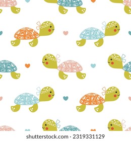 Cute summer pattern with baby sea turtles swimming underwater. Funny sea animals print for girly textile, wrapping paper