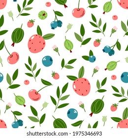 Cute summer pattern with berries and fruits on a white background. Vector illustration of garden berries and flowers hand drawn in cartoon style - strawberries, gooseberries, blueberries