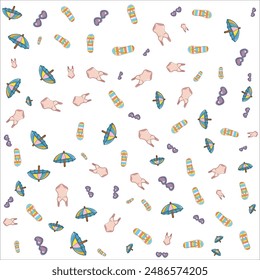 Cute summer pattern with cameras, flowers, ice cream, sunglasses and hats on a white background.