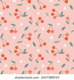 cute summer pattern with cherry flowers on a pink background.